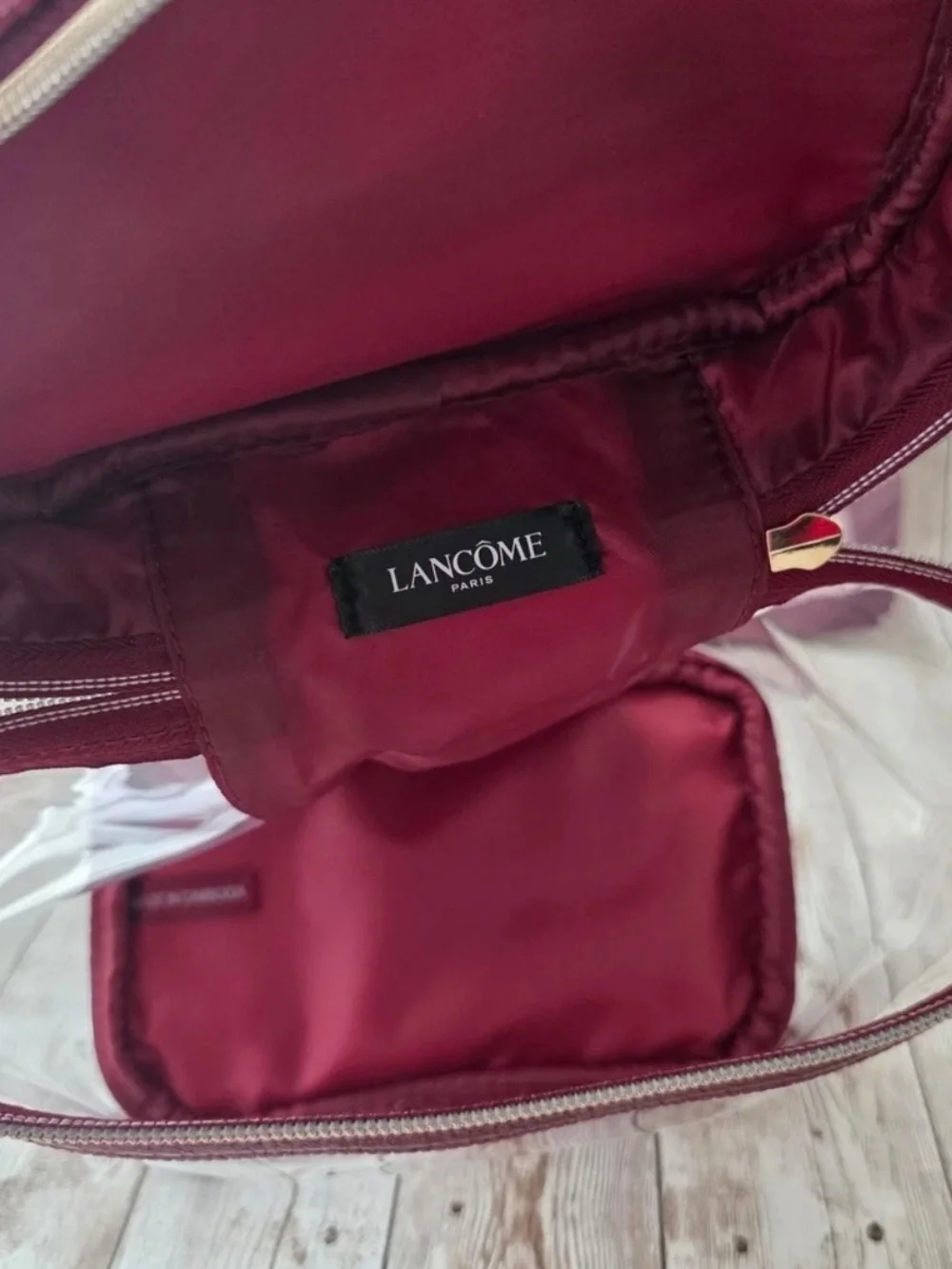 Lancome Burgundy Clear Cosmetic Train Case with Gold Trim